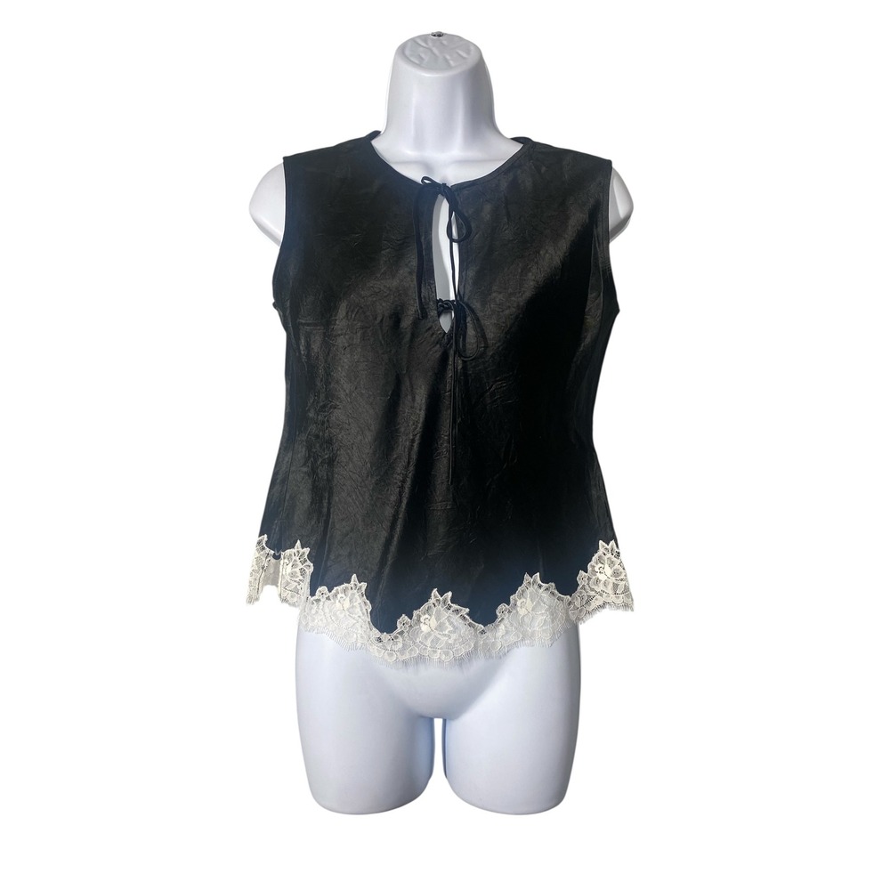 J.Crew Top Womens XXS Black Excellent Lace Trim Tie Front CD036 Hammered Satin